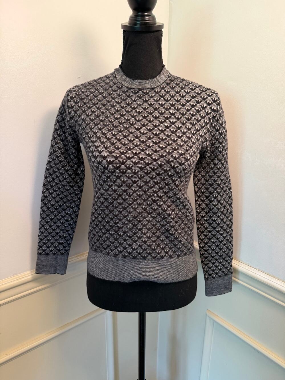 Emporio Armani Men's Eagle Monogram Jacquard Knit Crewneck Sweater Gray Black